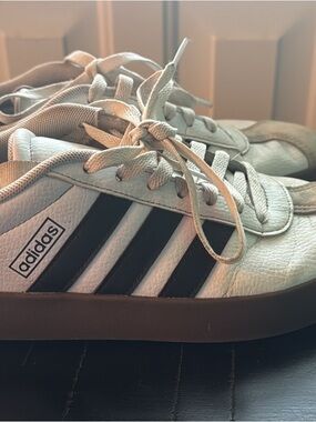 adidas White Sneakers w/ black stripes and tan soles